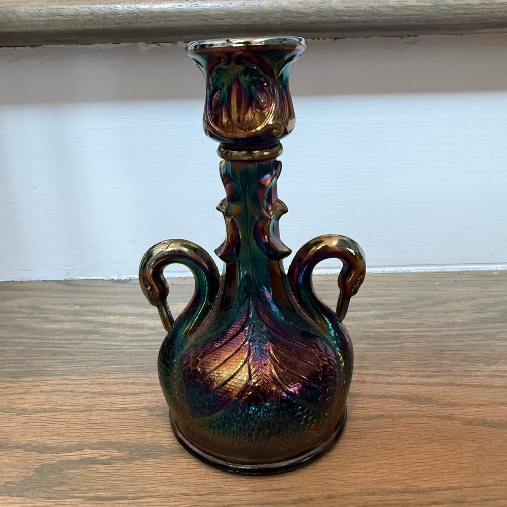 Fenton Amethyst Carnival Glass Double Swan
Taper Candleholder